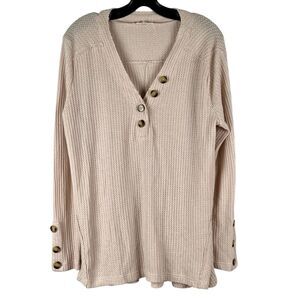 In Loom Ribbed Waffle Knit Long Sleeve Boxy Henley Top Large